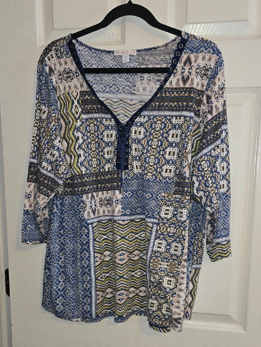 Westport Mixed-Print Lace-Up‎ V-Neck Tunic Top - Blue, Green, Cream
